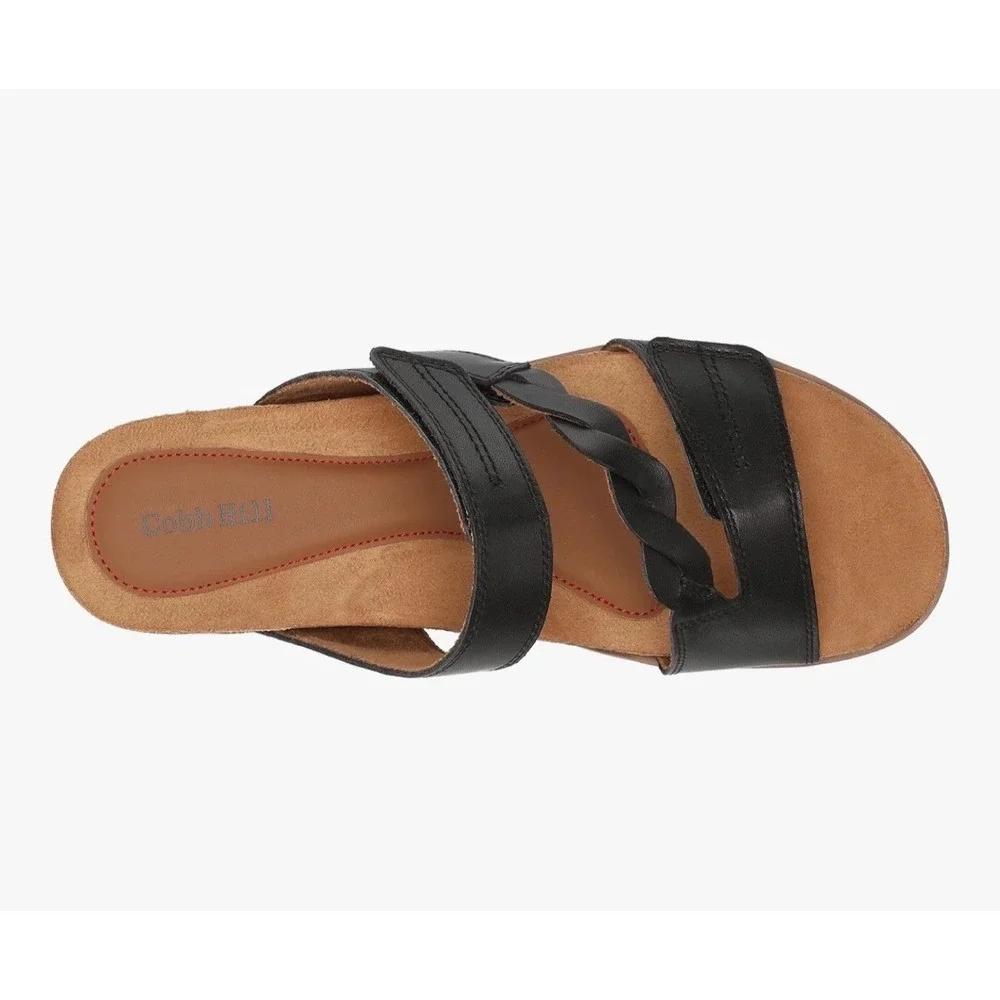 Cobb Hill Black Leather Braided Adjustable Cork Wedge Slide Sandals Womens‎ 8.5